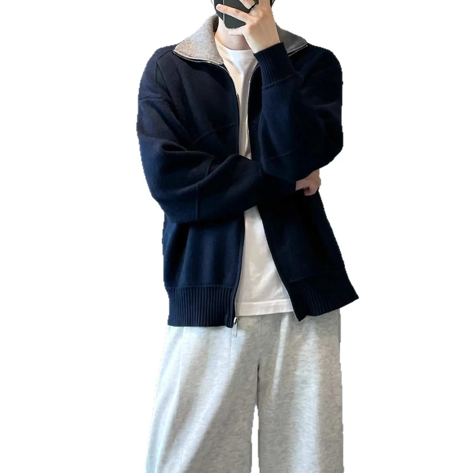 Barne style contrast colour knitted cardigan for men in apricot, long sleeves, loose fit, retro cardigan sweater