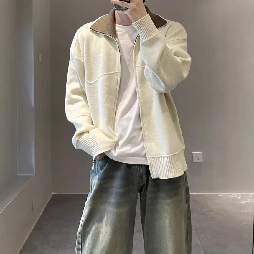 Barne style contrast colour knitted cardigan for men in apricot, long sleeves, loose fit, retro cardigan sweater