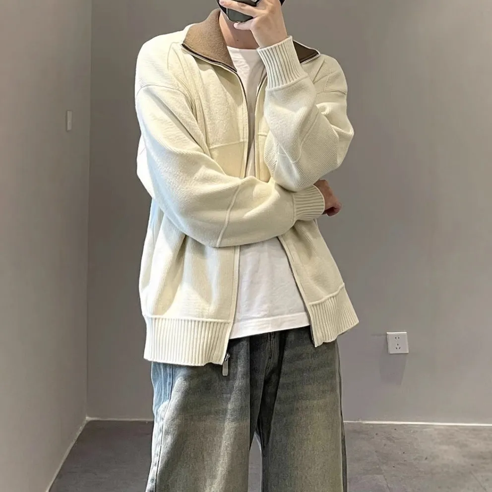 Barne style contrast colour knitted cardigan for men in apricot, long sleeves, loose fit, retro cardigan sweater