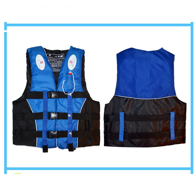 Orange foam life jacket with whistle for adult and child safety in marine or swimming use
