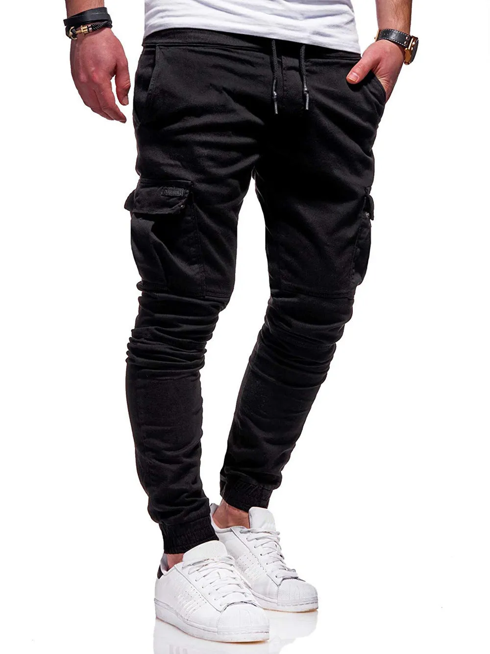 Tethered elastic baggy jogging pants in black, polyester, drawstring waist, sizes S to 4XL