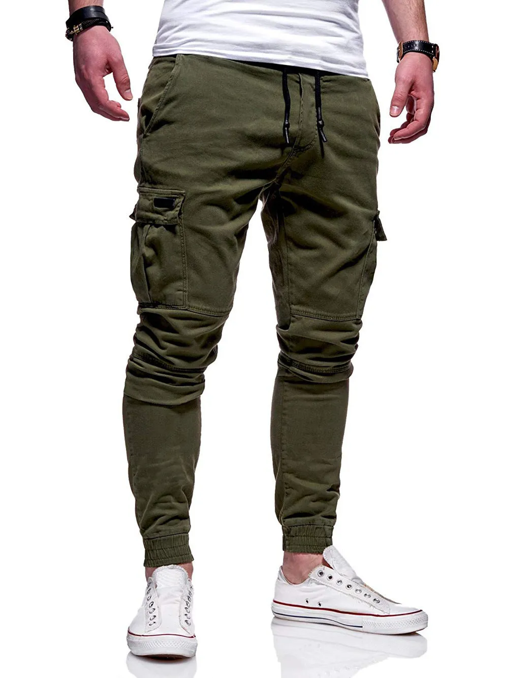 Tethered elastic baggy jogging pants in black, polyester, drawstring waist, sizes S to 4XL