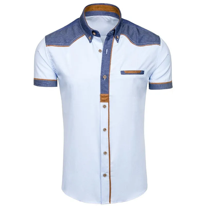 Men's plus size slim fit short sleeve British style cotton blended formal shirt in black light blue white
