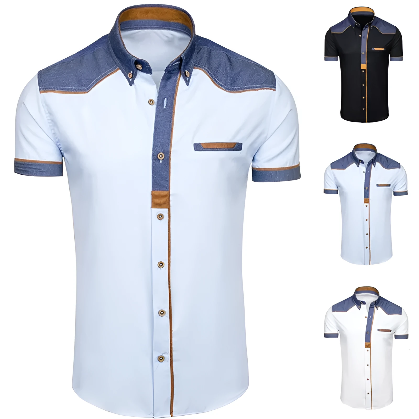 Men's plus size slim fit short sleeve British style cotton blended formal shirt in black light blue white