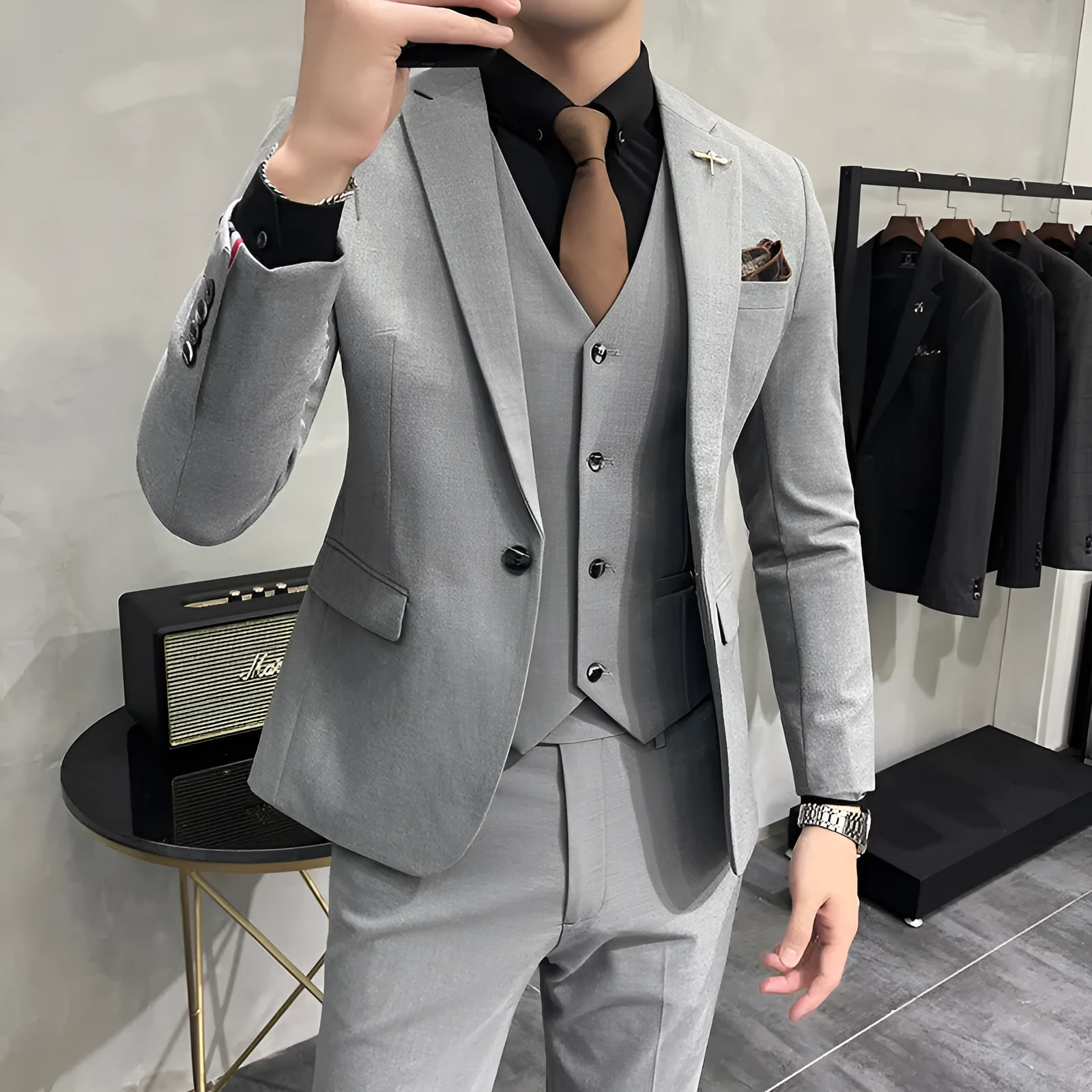 Men's 3-piece suit set in light business style, jacket, trousers and vest, available in multiple colours and extended sizes S to 7XL
