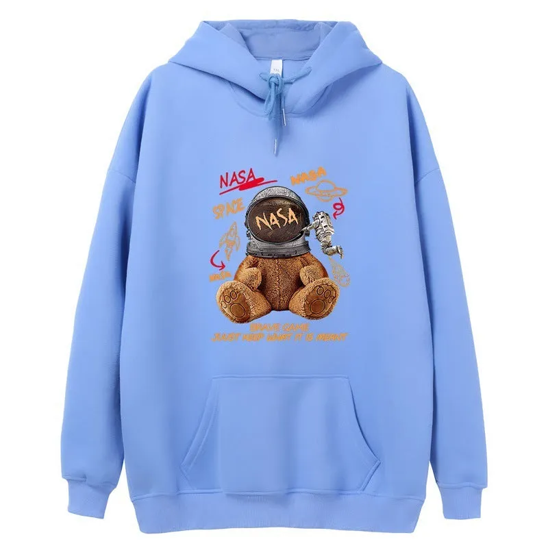 Hong Kong style graffiti bear print hooded sweatshirt for men loose fit pullover cartoon pattern autumn wear