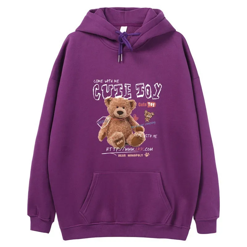 Hong Kong style graffiti bear print hooded sweatshirt for men loose fit pullover cartoon pattern autumn wear