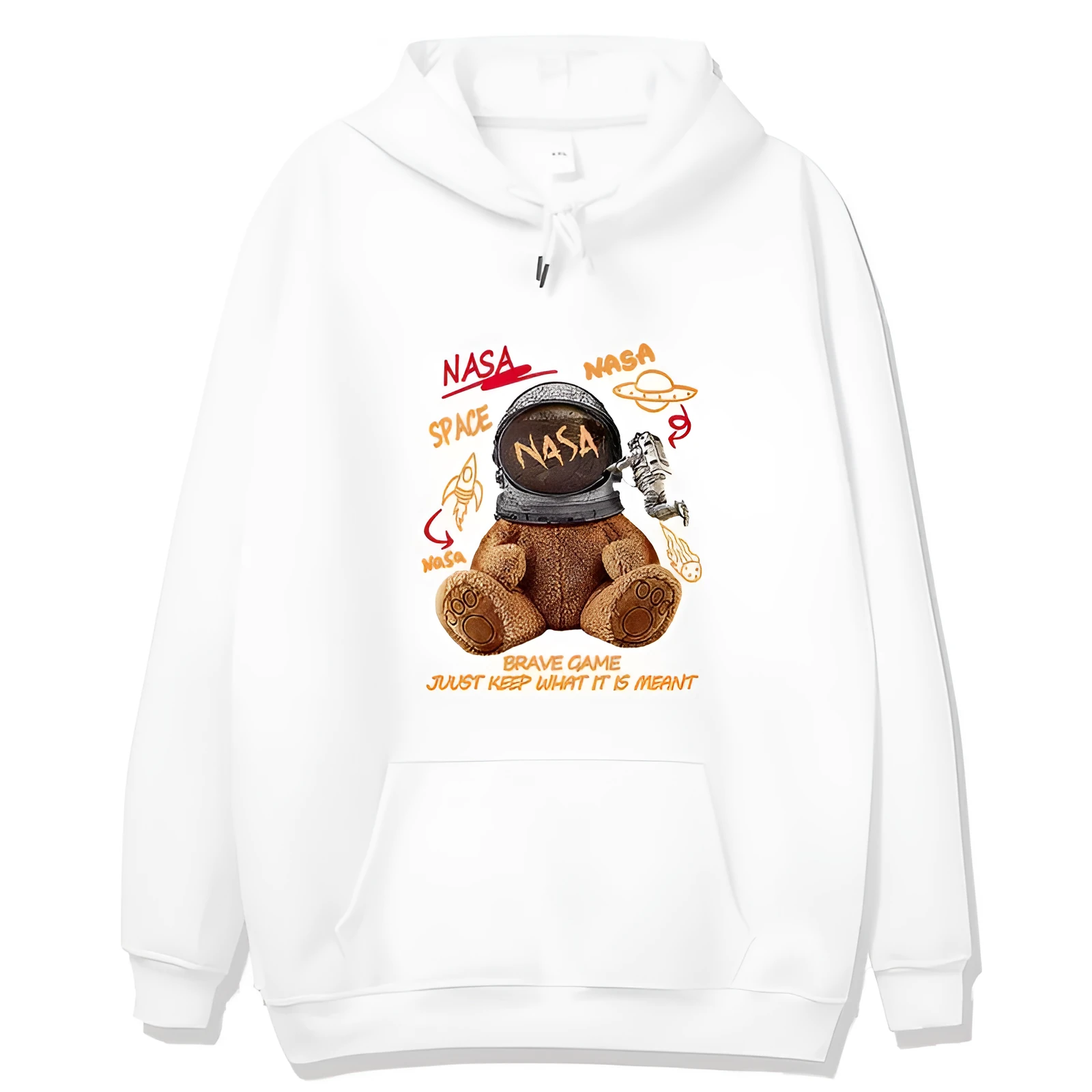 Hong Kong style graffiti bear print hooded sweatshirt for men loose fit pullover cartoon pattern autumn wear