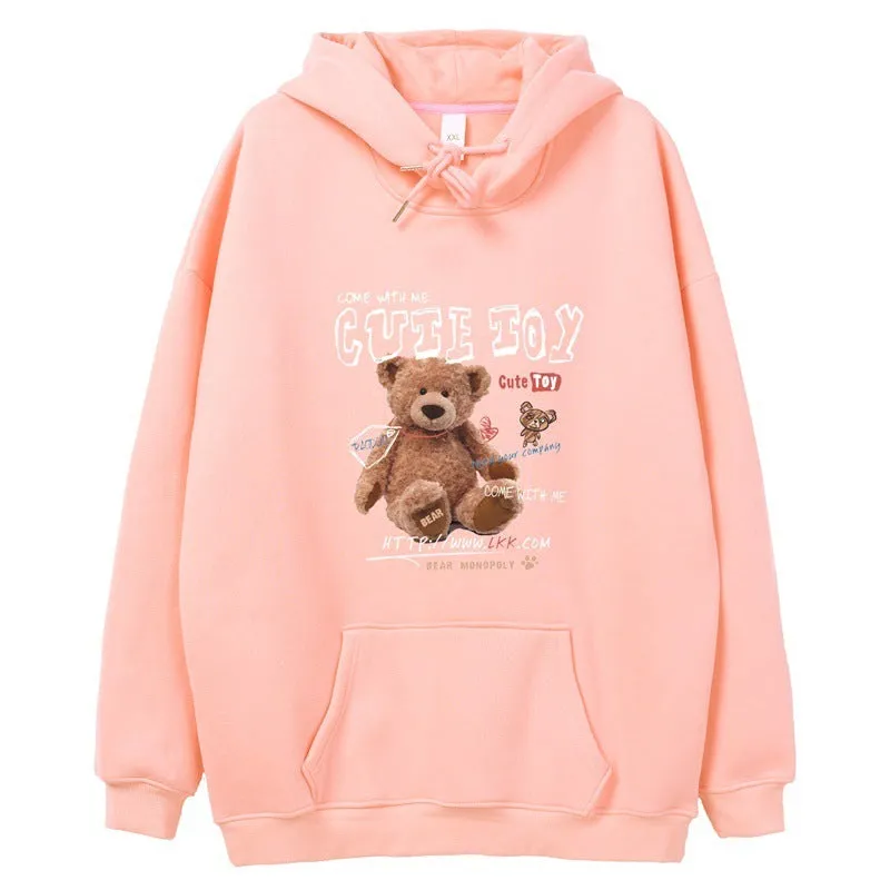 Hong Kong style graffiti bear print hooded sweatshirt for men loose fit pullover cartoon pattern autumn wear