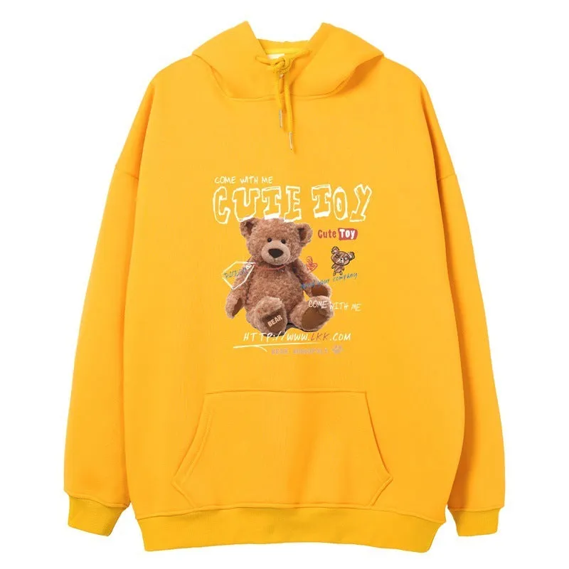Hong Kong style graffiti bear print hooded sweatshirt for men loose fit pullover cartoon pattern autumn wear