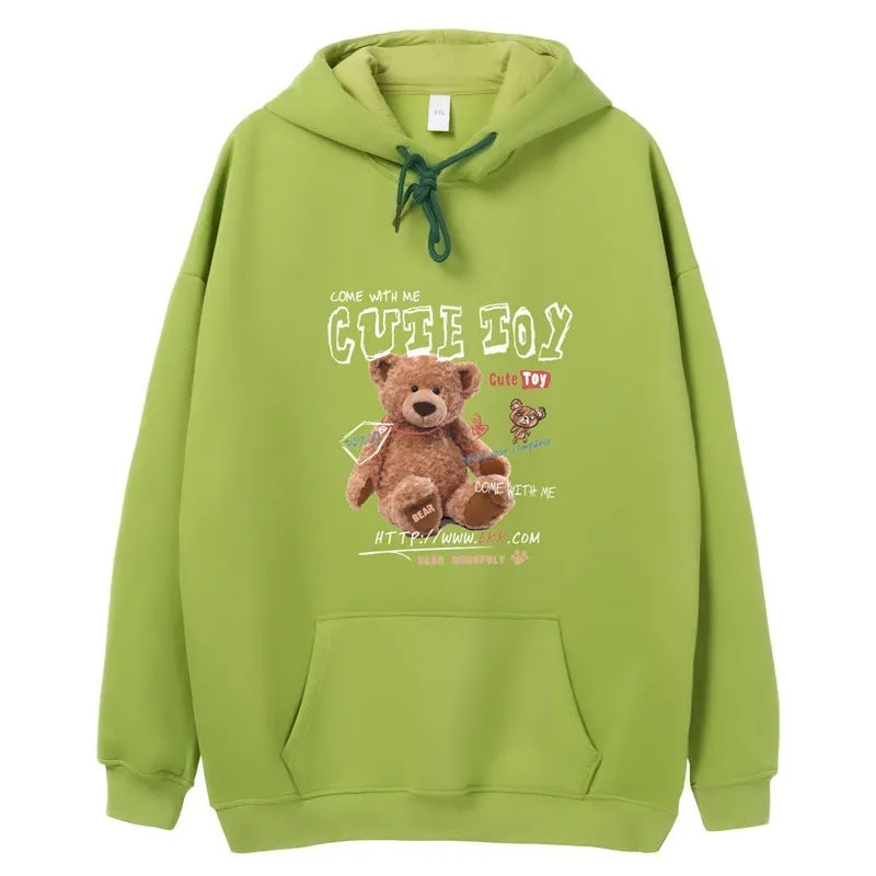 Hong Kong style graffiti bear print hooded sweatshirt for men loose fit pullover cartoon pattern autumn wear