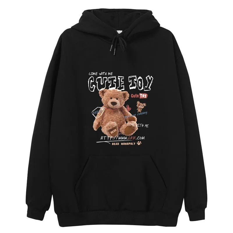 Hong Kong style graffiti bear print hooded sweatshirt for men loose fit pullover cartoon pattern autumn wear