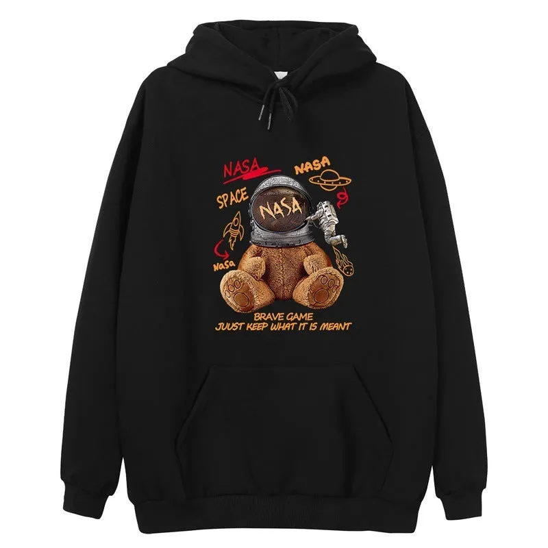 Hong Kong style graffiti bear print hooded sweatshirt for men loose fit pullover cartoon pattern autumn wear