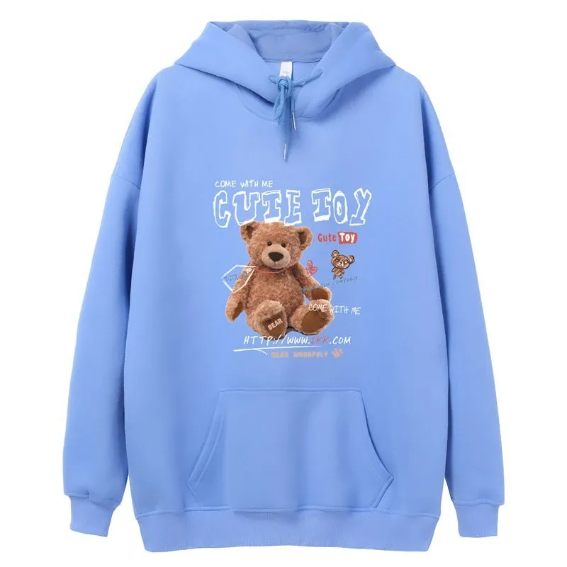 Hong Kong style graffiti bear print hooded sweatshirt for men loose fit pullover cartoon pattern autumn wear