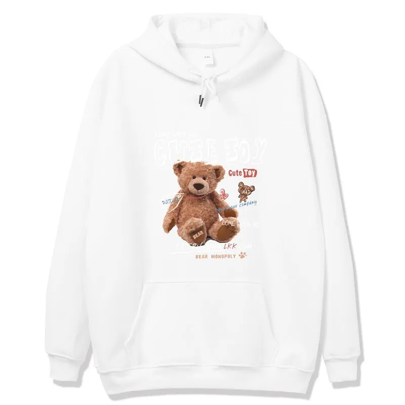 Hong Kong style graffiti bear print hooded sweatshirt for men loose fit pullover cartoon pattern autumn wear