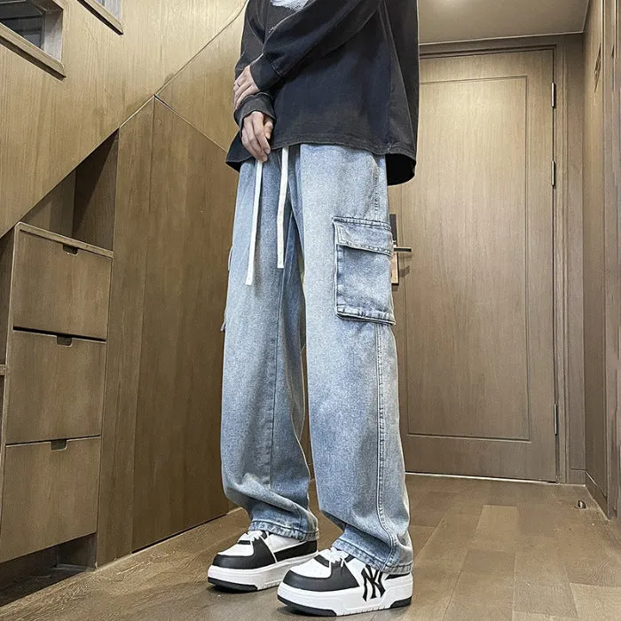 Men's cotton straight leg jeans in light blue, size M-3XL, simple workwear style for spring