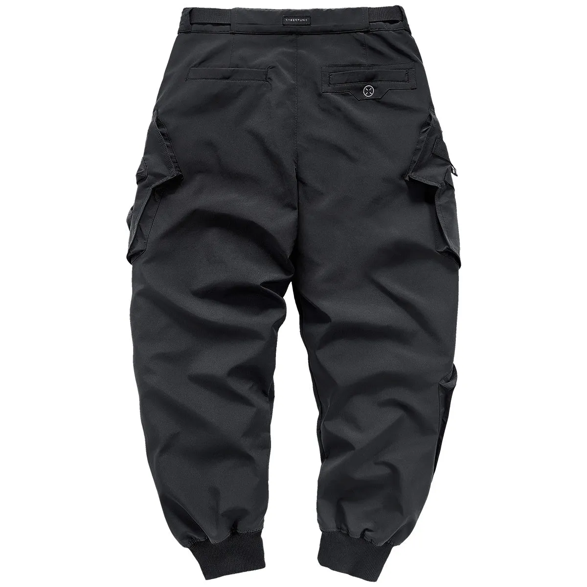 Men's black multi pocket parachute pants loose fit with mid waist and wrinkle-resistant polyester fabric