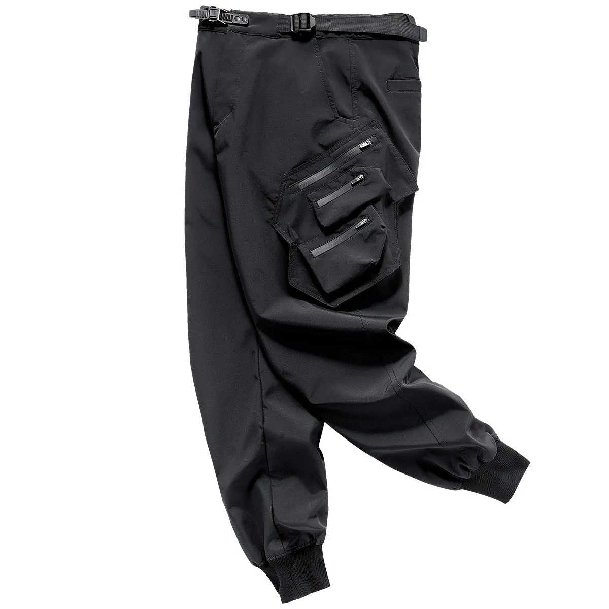 Men's black multi pocket parachute pants loose fit with mid waist and wrinkle-resistant polyester fabric