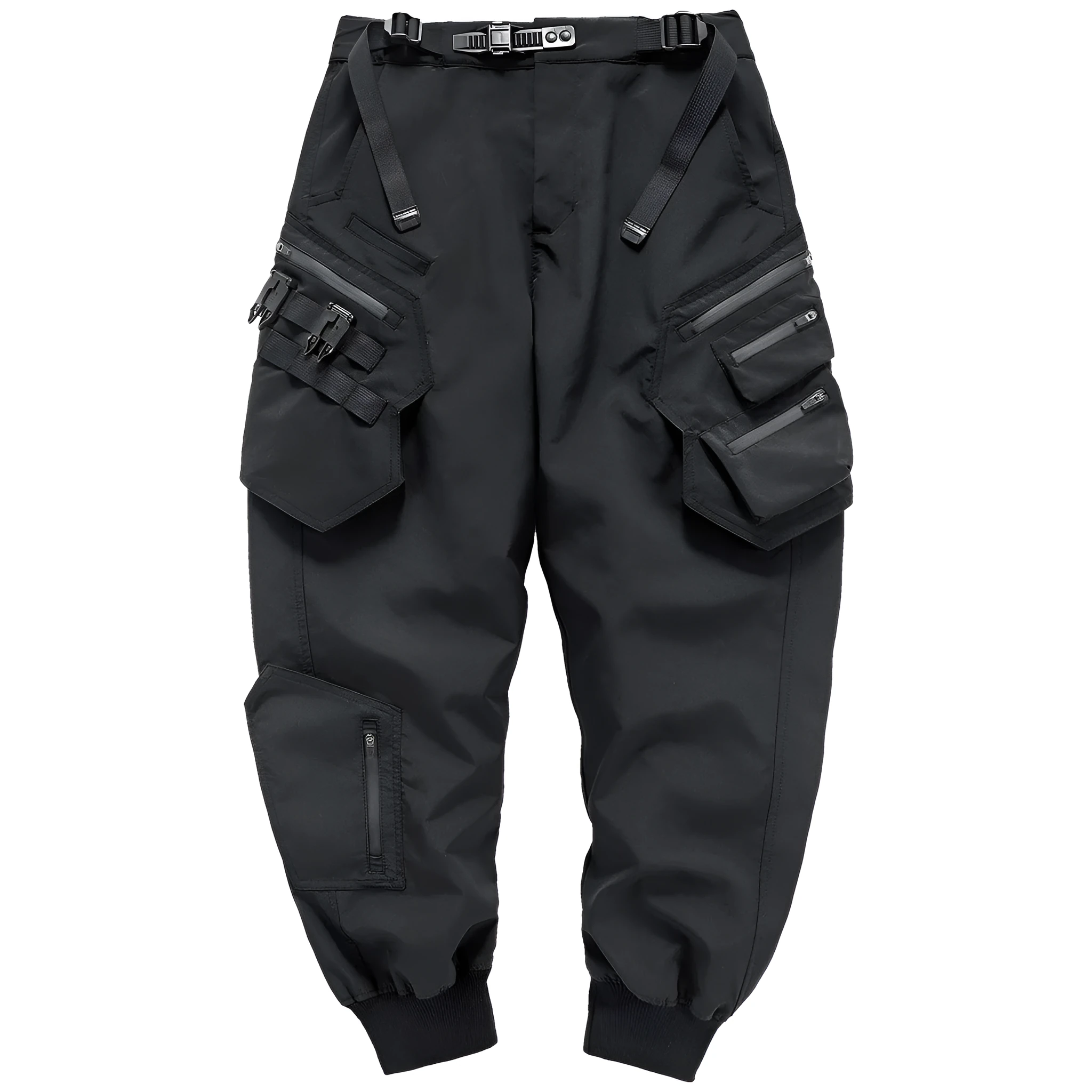 Men's black multi pocket parachute pants loose fit with mid waist and wrinkle-resistant polyester fabric