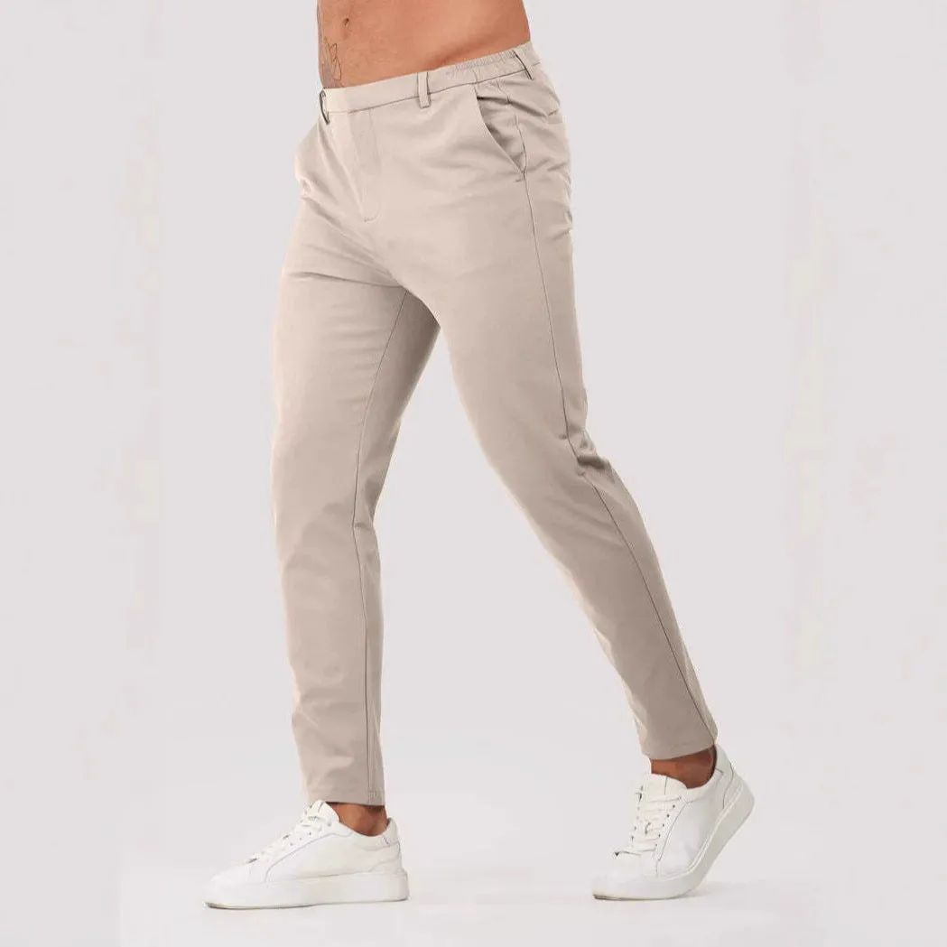 Men's solid colour casual suit trousers in grey, mid waist straight leg with button fly