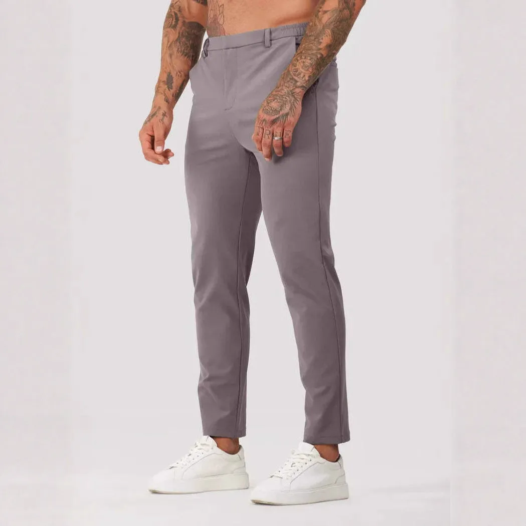 Men's solid colour casual suit trousers in grey, mid waist straight leg with button fly
