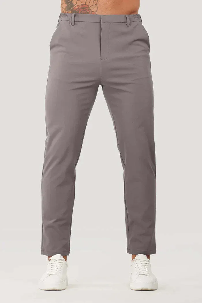 Men's solid colour casual suit trousers in grey, mid waist straight leg with button fly