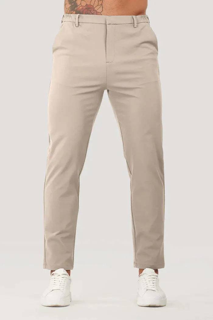 Men's solid colour casual suit trousers in grey, mid waist straight leg with button fly