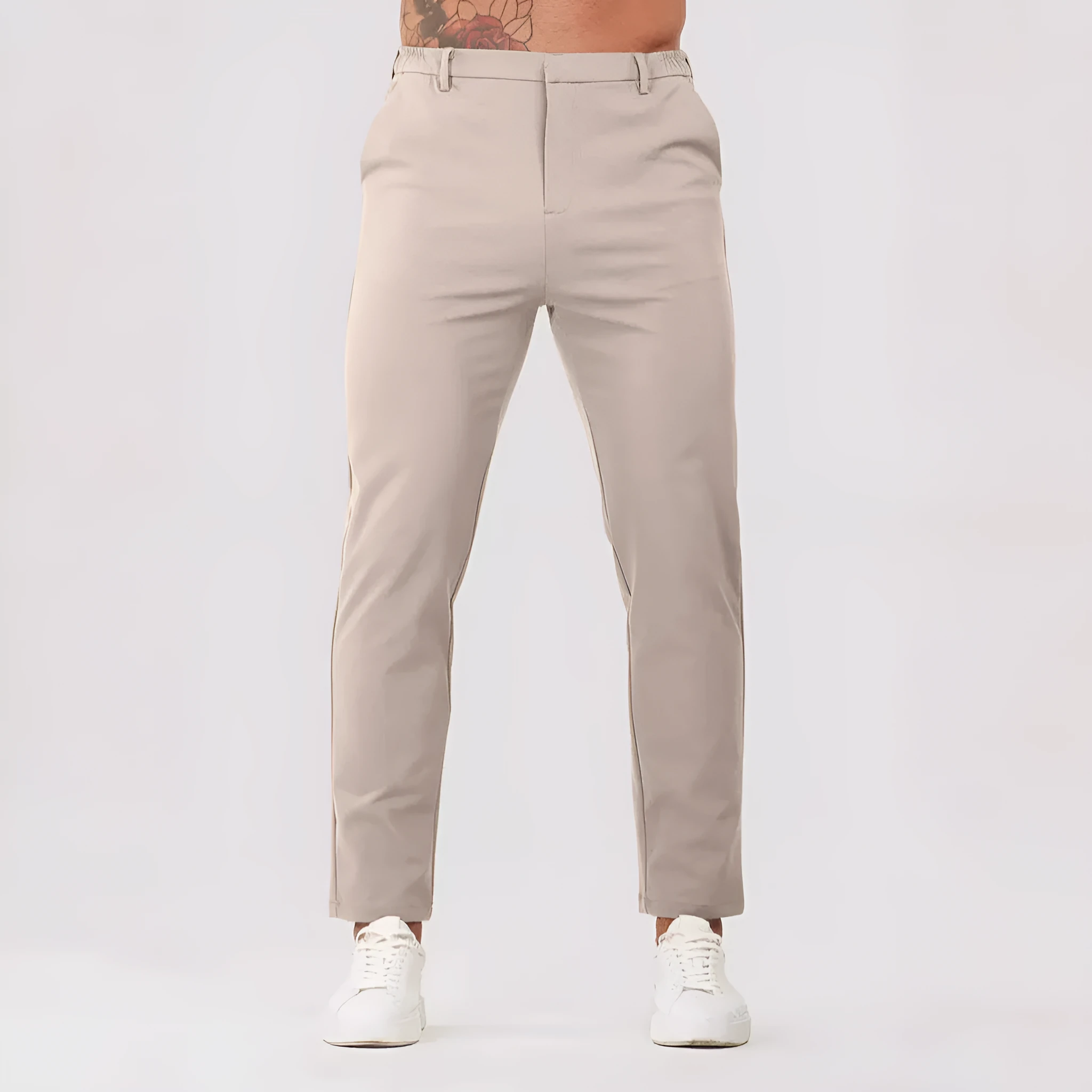 Men's solid colour casual suit trousers in grey, mid waist straight leg with button fly