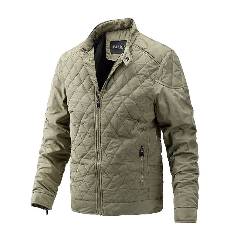 Men's polyester stand collar jacket with zipper, in black, showing front view