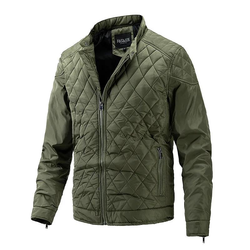 Men's polyester stand collar jacket with zipper, in black, showing front view