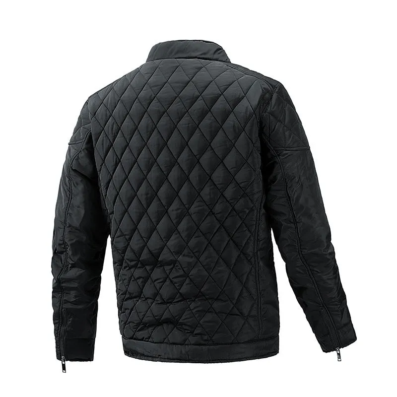 Men's polyester stand collar jacket with zipper, in black, showing front view
