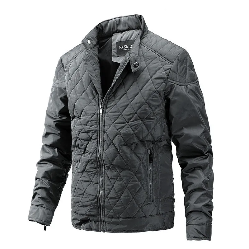 Men's polyester stand collar jacket with zipper, in black, showing front view