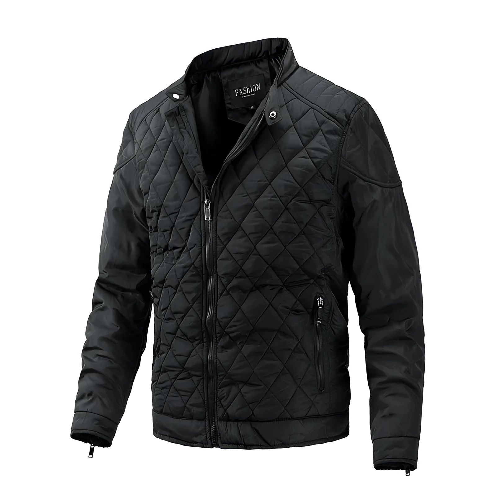 Men's polyester stand collar jacket with zipper, in black, showing front view