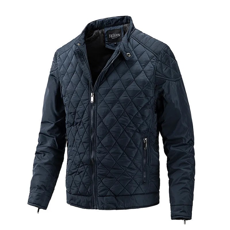 Men's polyester stand collar jacket with zipper, in black, showing front view
