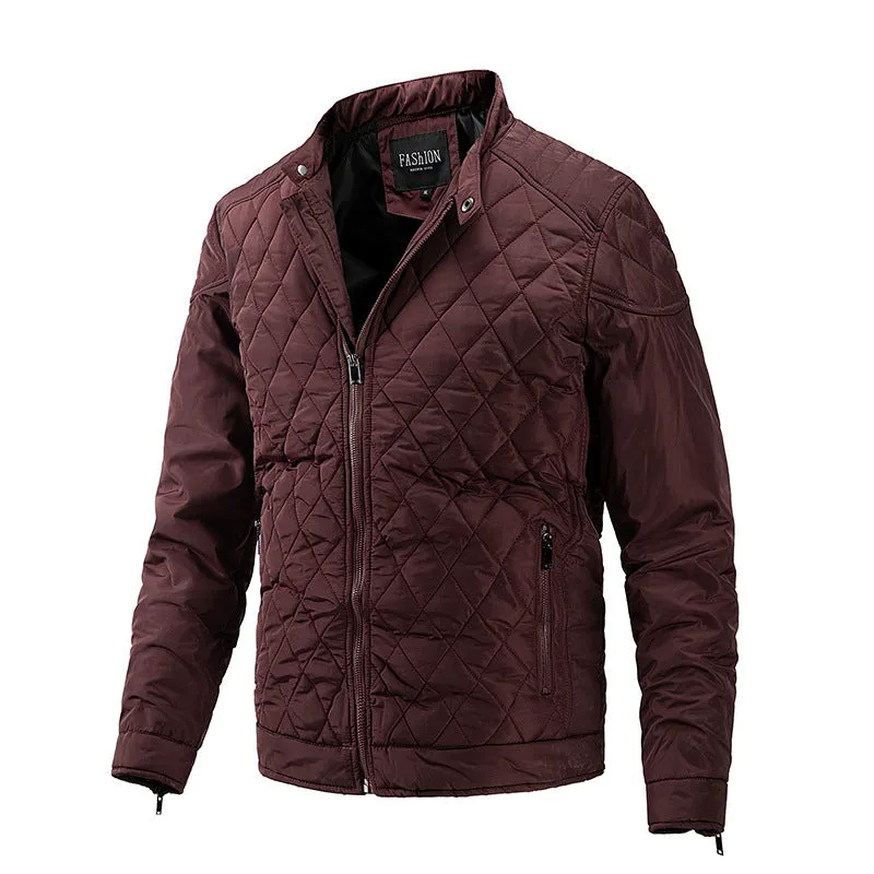 Men's polyester stand collar jacket with zipper, in black, showing front view