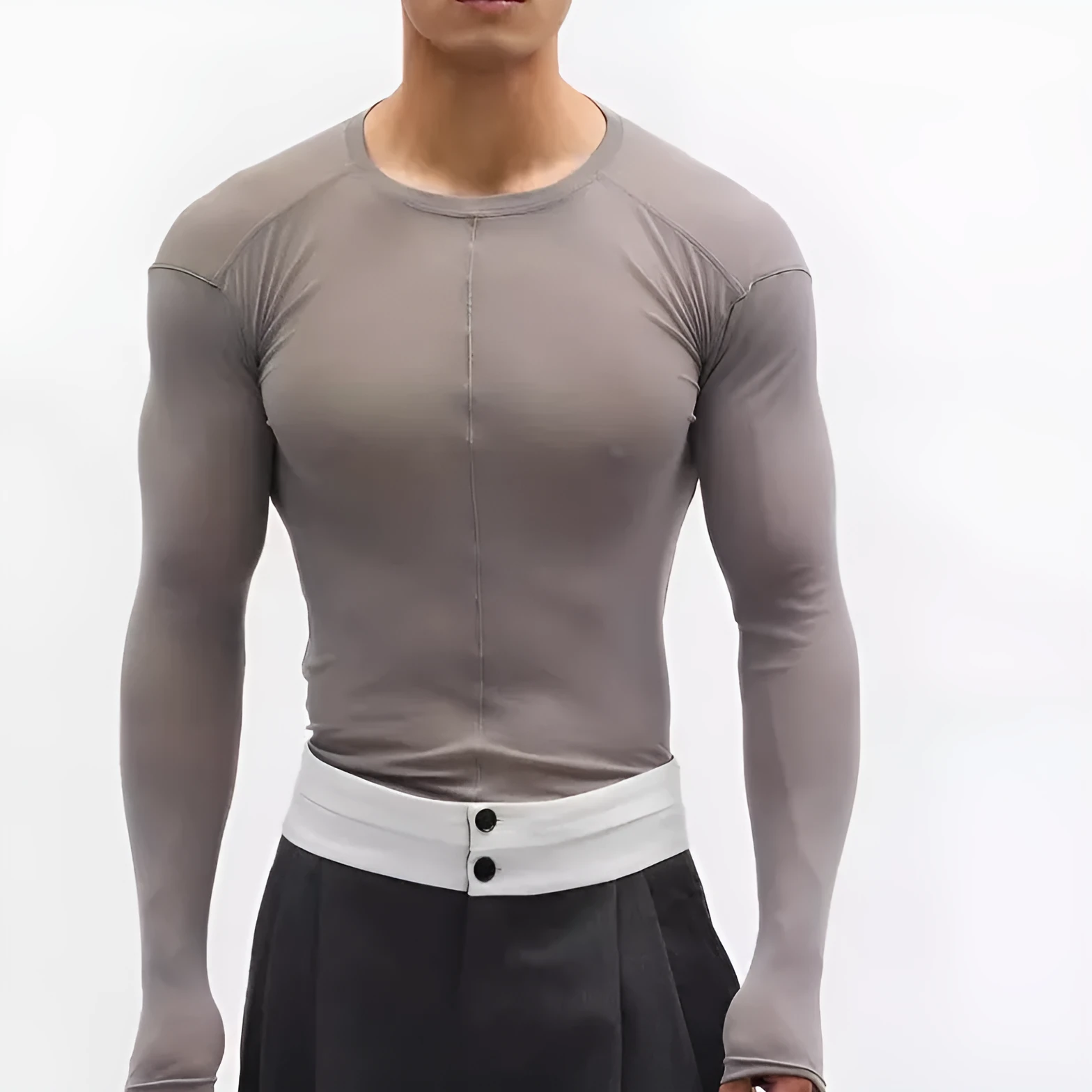 Black slim-fit long sleeve pullover top with mesh see-through texture.