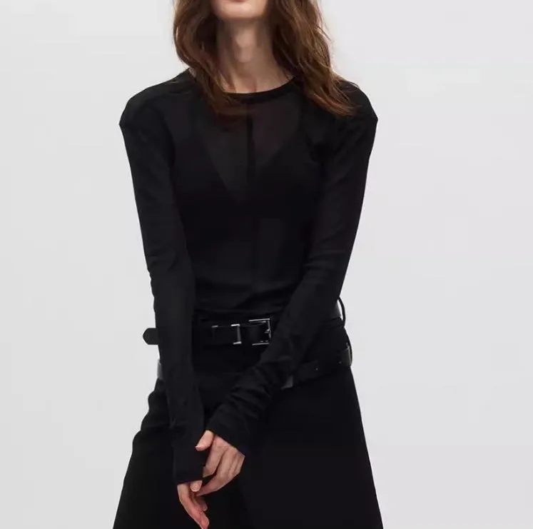 Black slim-fit long sleeve pullover top with mesh see-through texture.