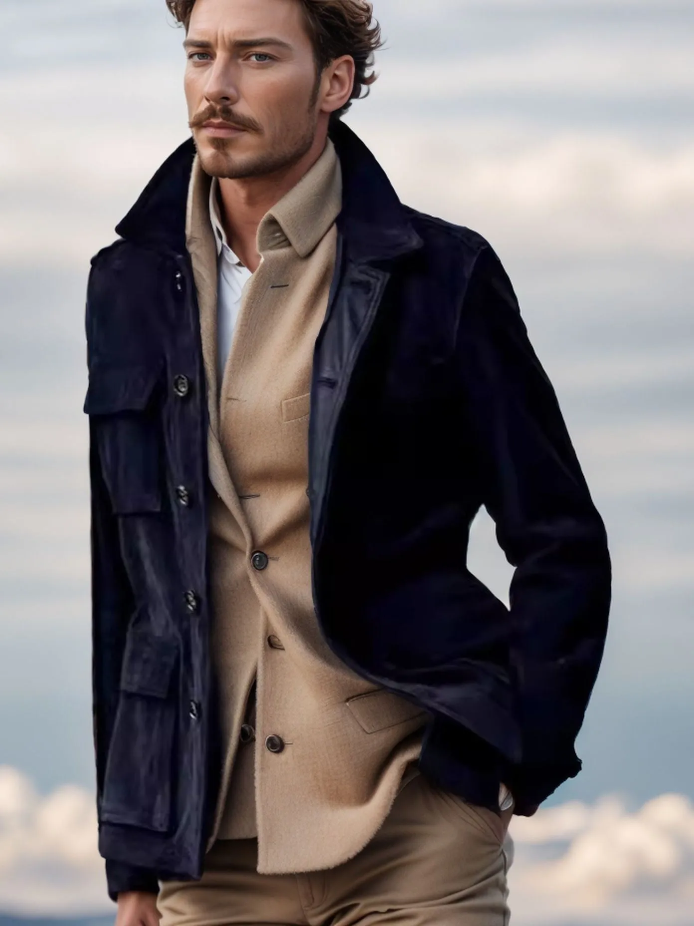 Men's cowhide casual trench coat with multiple pockets in solid colour, polyester blend fabric