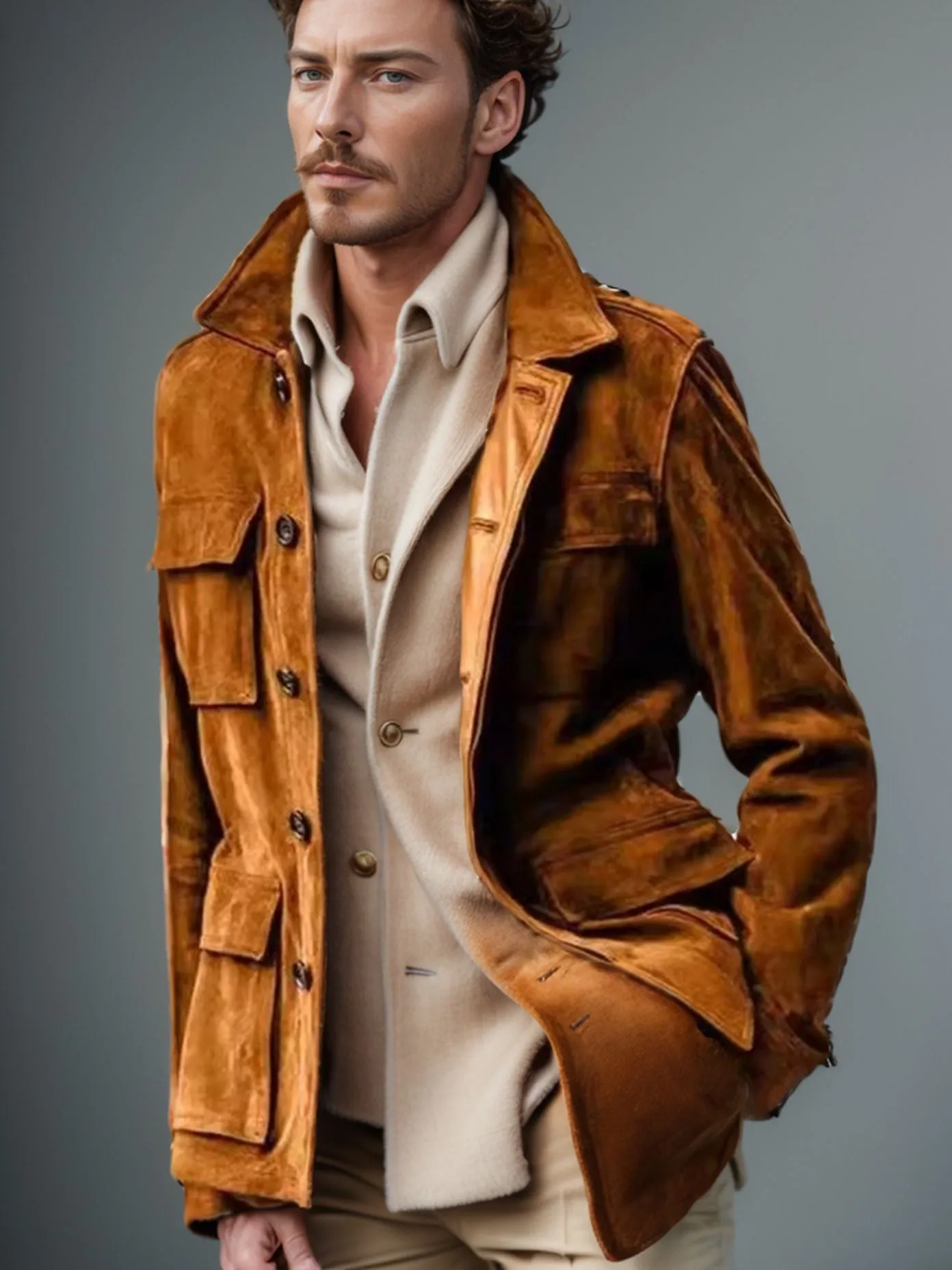 Men's cowhide casual trench coat with multiple pockets in solid colour, polyester blend fabric