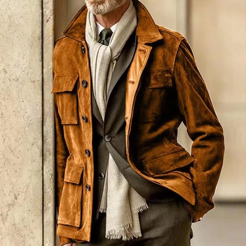 Men's cowhide casual trench coat with multiple pockets in solid colour, polyester blend fabric