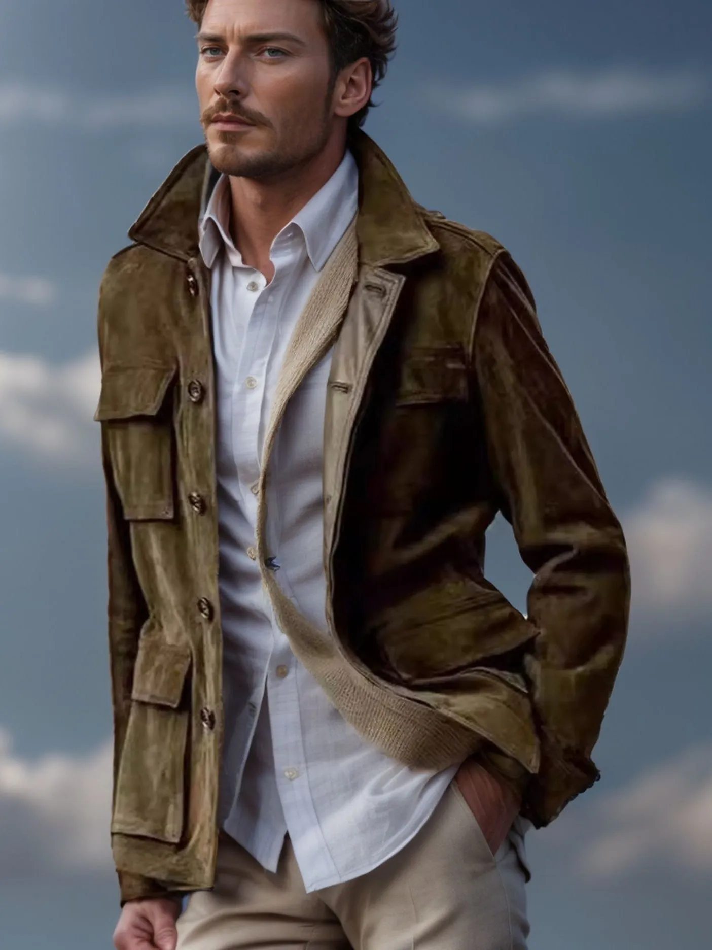 Men's cowhide casual trench coat with multiple pockets in solid colour, polyester blend fabric