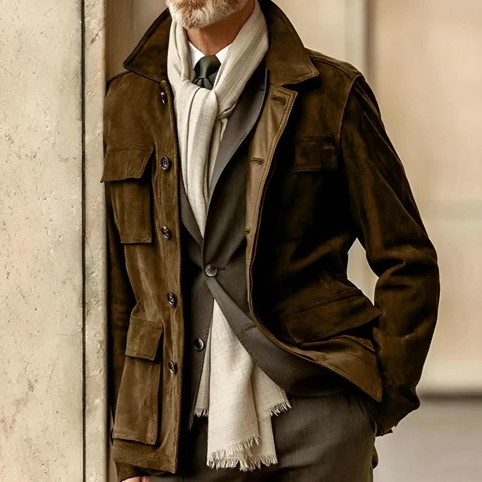 Men's cowhide casual trench coat with multiple pockets in solid colour, polyester blend fabric