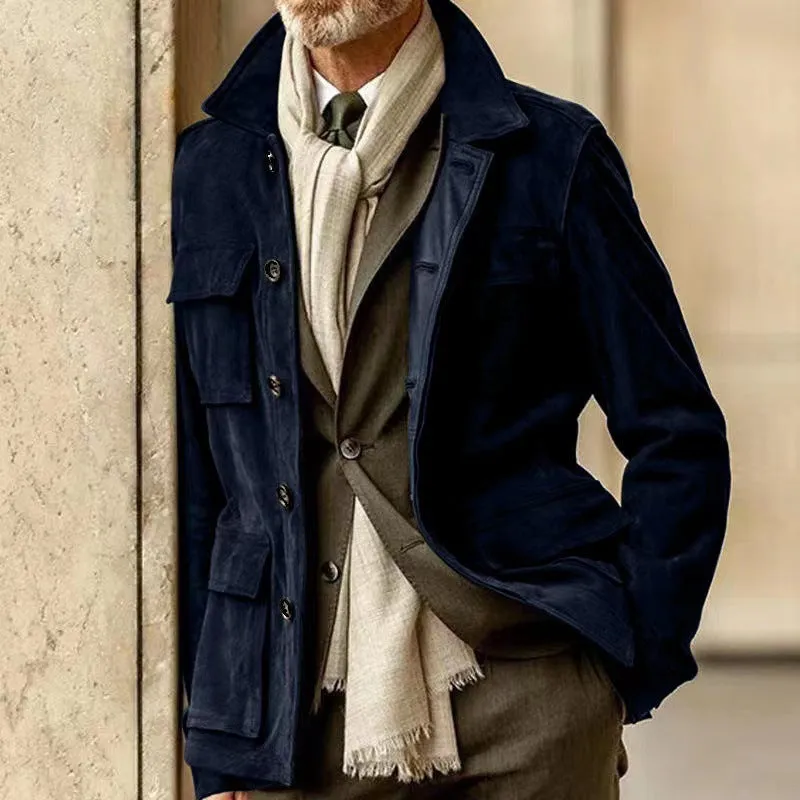Men's cowhide casual trench coat with multiple pockets in solid colour, polyester blend fabric