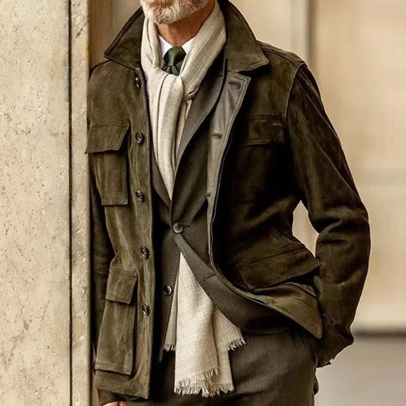 Men's cowhide casual trench coat with multiple pockets in solid colour, polyester blend fabric