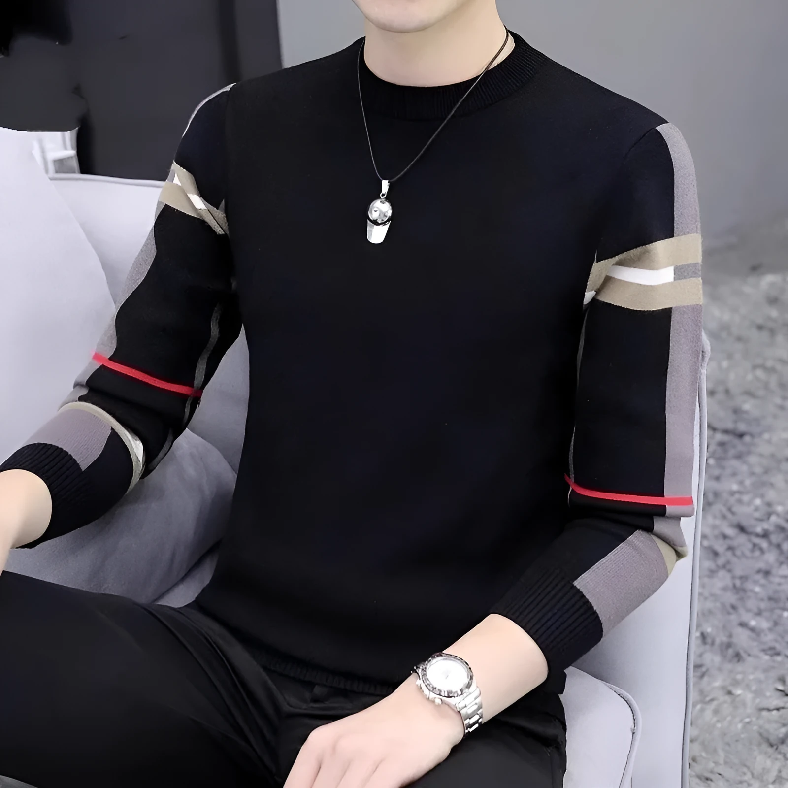 Slim-fit contrast colour round neck men's sweater in black, extra coarse wool, sizes M to 5XL