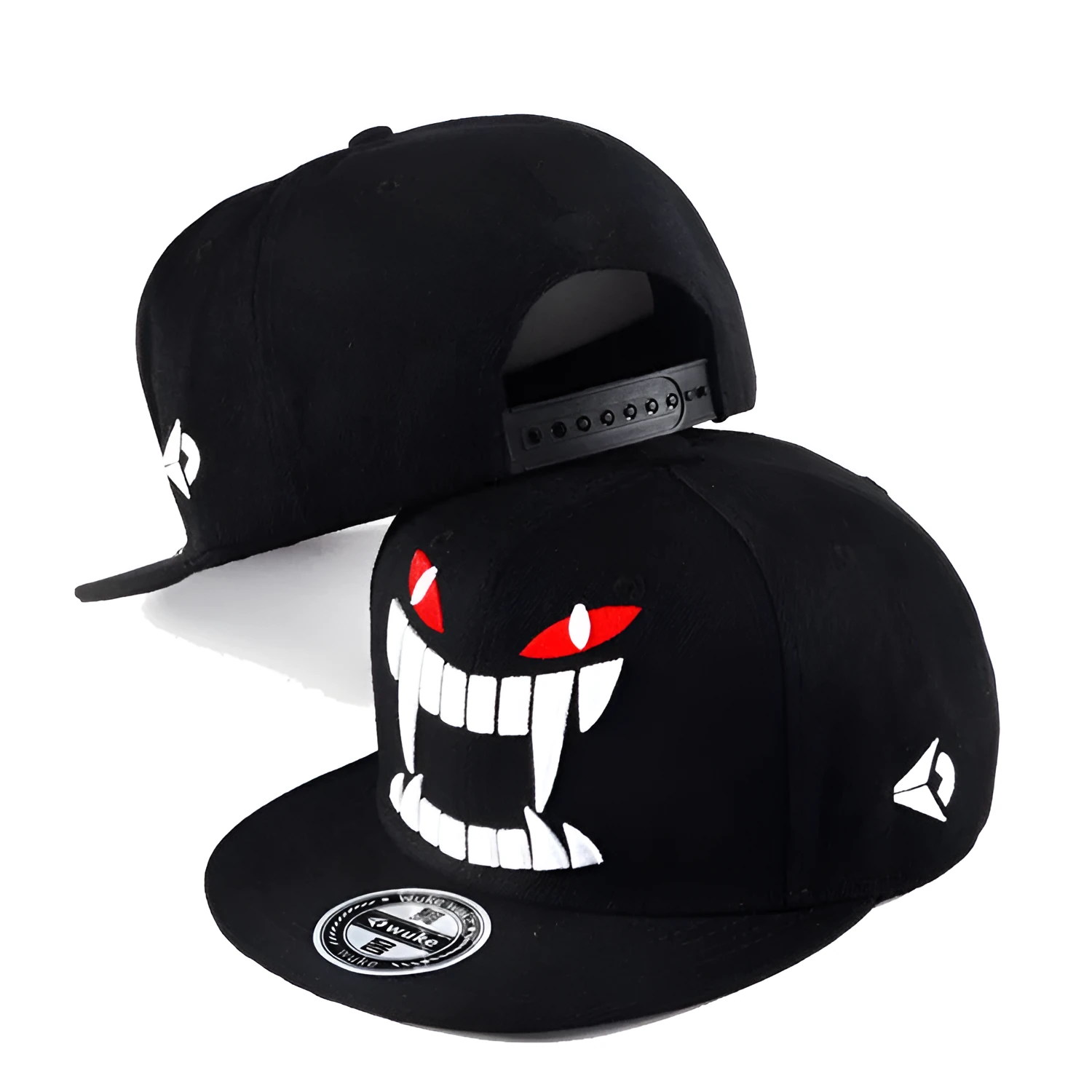 Black flat brim hiphop cap with dome crown and adjustable strap on a mannequin head