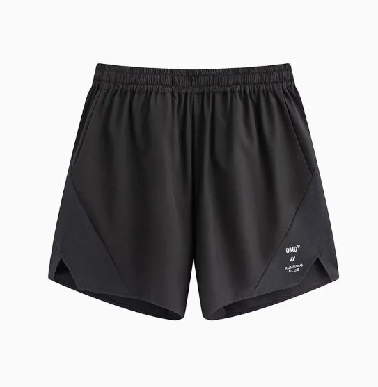 Black and blue four-point stretch running shorts with laser stitching detail for training.