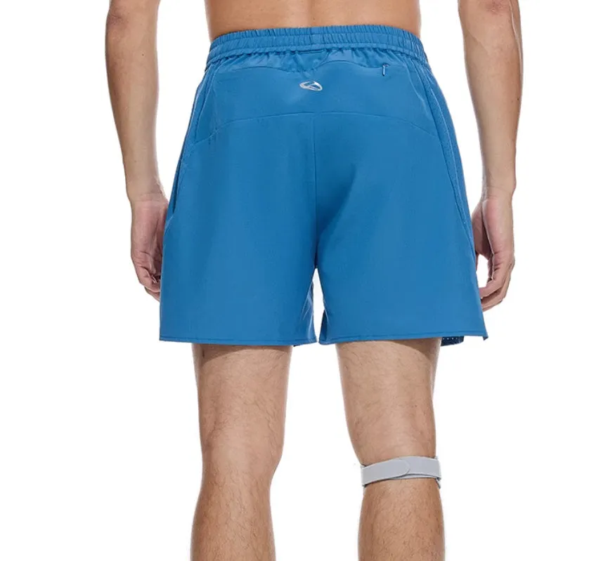 Black and blue four-point stretch running shorts with laser stitching detail for training.