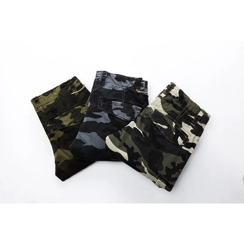 Men's outdoor camouflage trousers in blue grey camouflage colour, mid-waist, polyester fibre