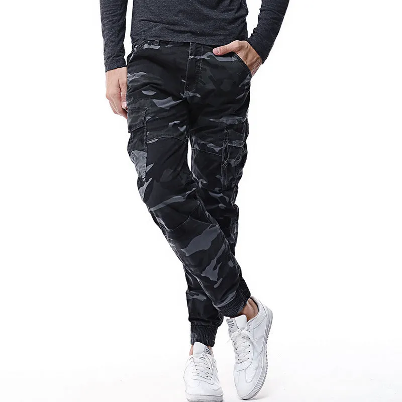 Men's outdoor camouflage trousers in blue grey camouflage colour, mid-waist, polyester fibre